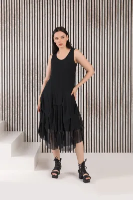 Kozan By WilD Curves: Black Mesh Ruffles Martha Dress Front