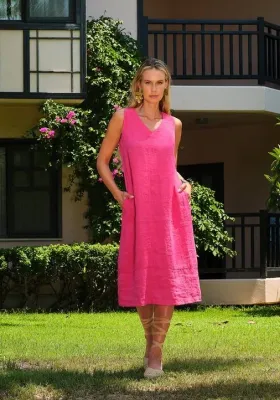 Dolcezza By Wild Curves: Linen Midi Dress In Fuschia