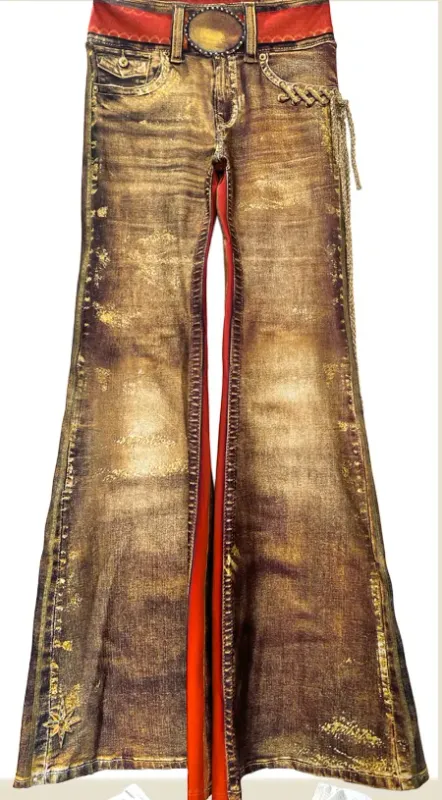 IPNG By Wild Curves: Iridescent Gold Jean Illusion Flared Pants Front