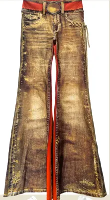 IPNG By Wild Curves: Iridescent Gold Jean Illusion Flared Pants Front