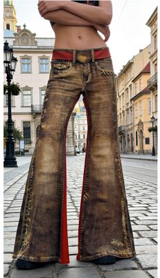 IPNG By Wild Curves: Iridescent Gold Jean Illusion Flared Pants Front 1