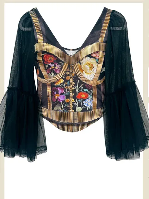 IPNG By Wild Curves: Floral Armor Illusion Tulle Sleeve Blouse Front