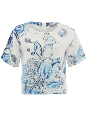 Dolcezza By Wild Curves: Blue Flowers Linen Art Blouse Front 2