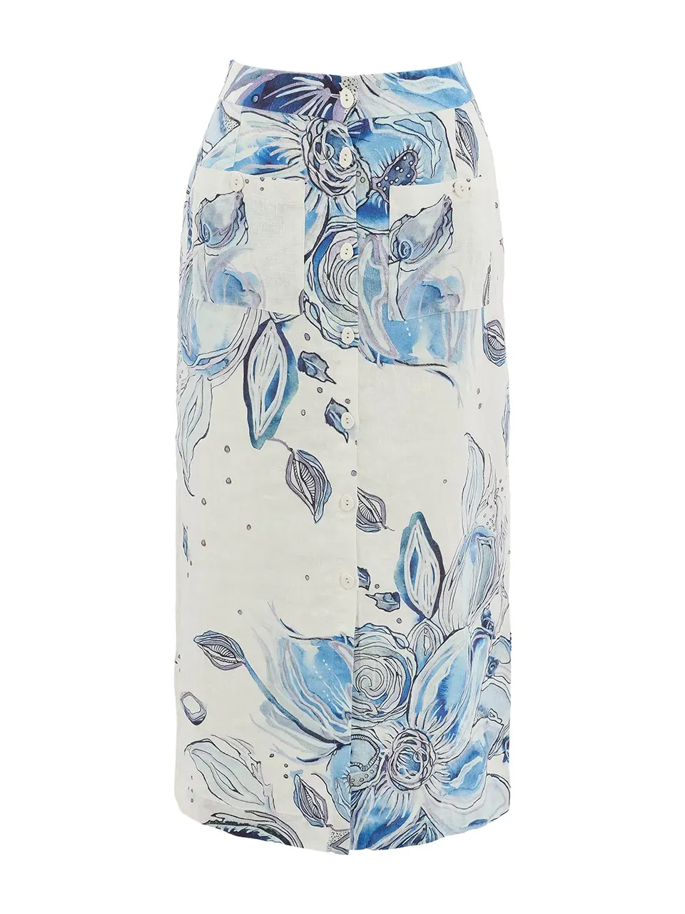 Dolcezza By Wild Curves: Blue Flowers Linen Maxi Skirt Front