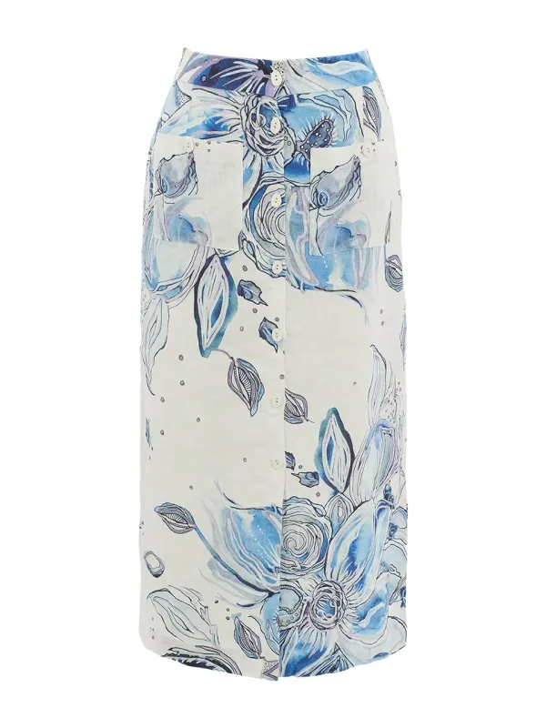 Dolcezza By Wild Curves: Blue Flowers Linen Maxi Skirt Front