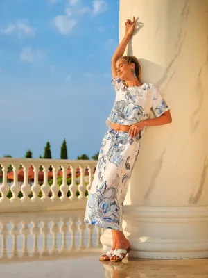 Dolcezza By Wild Curves: Blue Flowers Linen Maxi Skirt Side