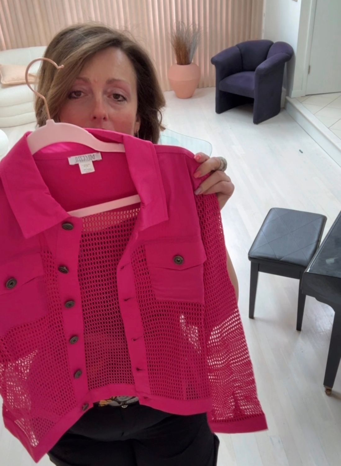 Dolcezza By Wild Curves: Netted Denim Jacket In Fuchsia Front