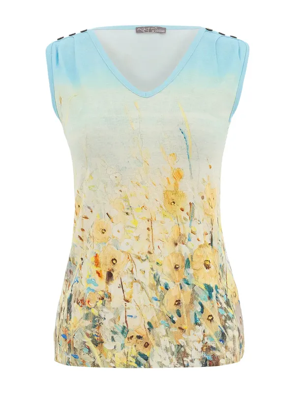 Dolcezza By Wild Curves: Shoreline Flowers Art Cap Sleeve Top