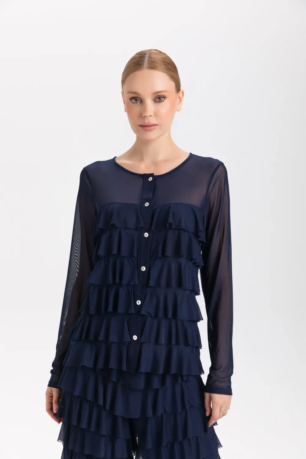 Isle Apparel By Wild Curves: Cha Cha Ruffled Cardigan In Navy Mesh Front