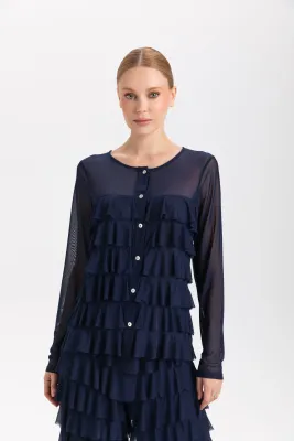 Isle Apparel By Wild Curves: Cha Cha Ruffled Cardigan In Navy Mesh Front