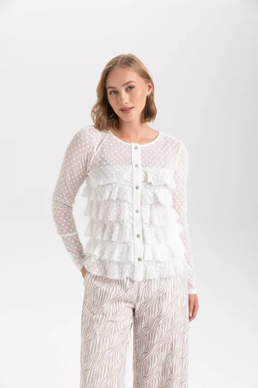 Isle Apparel By Wild Curves: Cha Cha Ruffled Cardigan In White Dots Mesh Isle Apparel By Wild Curves: Cha Cha Ruffled Cardigan In White Dots Mesh Front