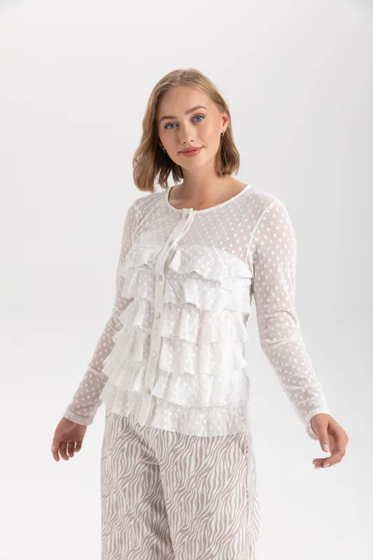 Isle Apparel By Wild Curves: Cha Cha Ruffled Cardigan In White Dots Mesh Front 1