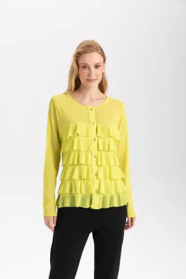 Isle Apparel By Wild Curves: Cha Cha Ruffled Cardigan In Lemon Juice Mesh Front