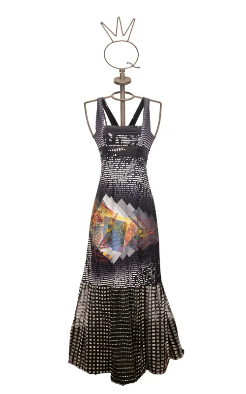 Save The Queen: Pink Prism Astro Tuxedo Maxi Dress Front