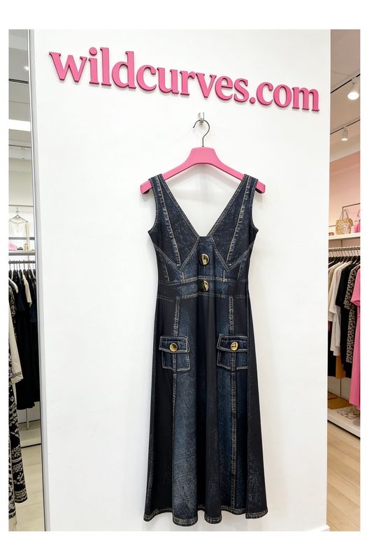IPNG By Wild Curves: Jeanious Denim Illusion Flared Maxi Dress Front 1