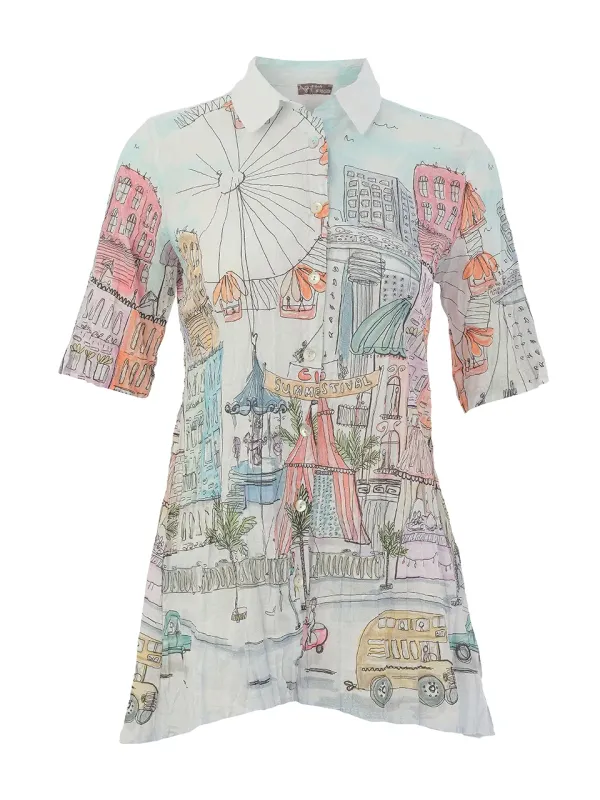 Dolcezza By Wild Curves: City Circus Art Crinkle Flared Blouse (26767) Dolcezza By Wild Curves: City Circus Art Crinkle Flared Blouse (26767) Front