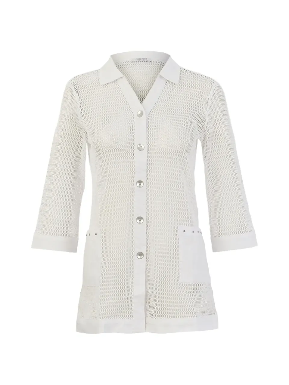Dolcezza By Wild Curves: Breezy Overlays Longline Netted Denim Jacket In White Front