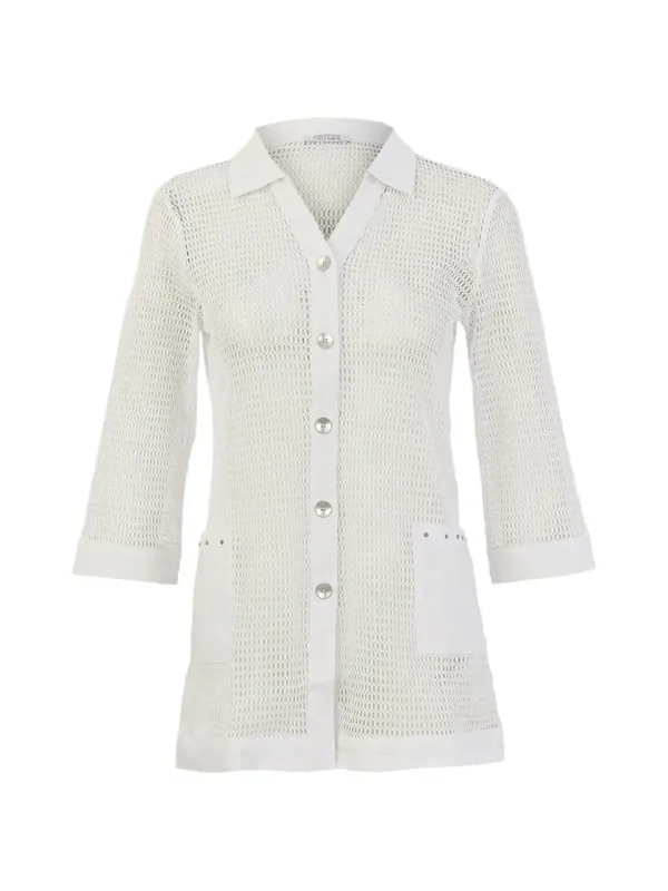 Dolcezza By Wild Curves: Breezy Overlays Longline Netted Denim Jacket In White Front