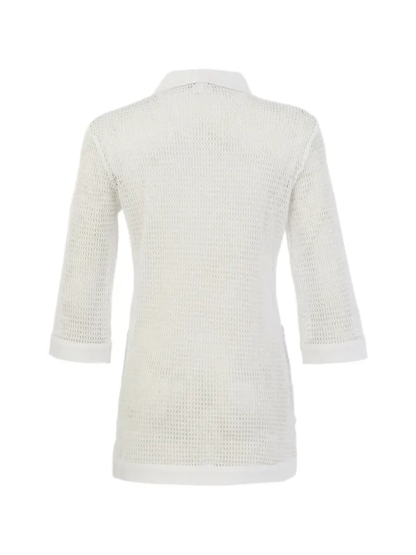 Dolcezza By Wild Curves: Breezy Overlays Longline Netted Denim Jacket In White Back