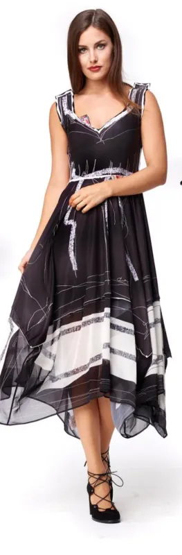 IPNG By Wild Curves: Tuxedo Scribbled Asymmetrical Sketch Wear Maxi Dress