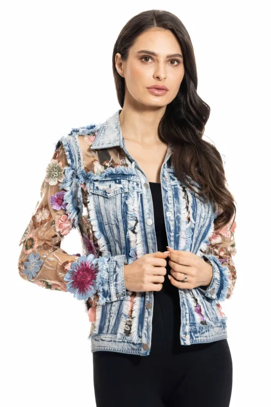Adore By Wild Curves: 3D Floral Denim Lace Jacket Adore By Wild Curves: 3D Floral Denim Lace Jacket Front