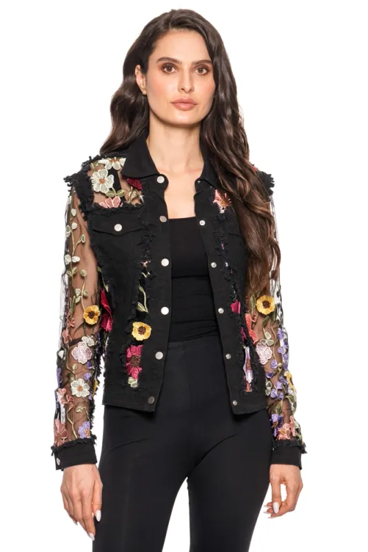 Adore By Wild Curves: 3D Floral Black Denim Lace Jacket Adore By Wild Curves: 3D Floral Black Denim Lace Jacket Front