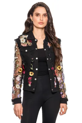 Adore By Wild Curves: 3D Floral Black Denim Lace Jacket Front