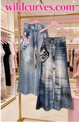 IPNG By Wild Curves: Bell Bottom Denim Illusion Pants With 3D Fish Hanky