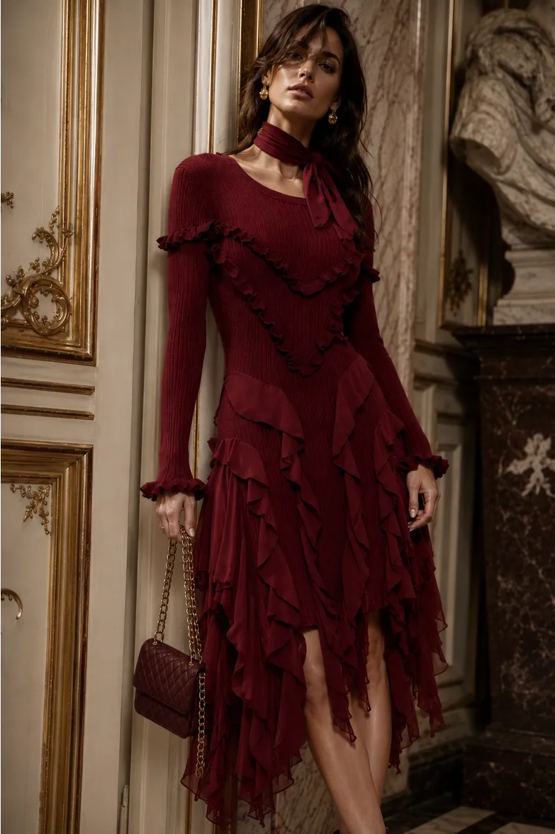 Adore By Wild Curves: Ruffle Trim Chiffon Mixed Dress In Wine Front