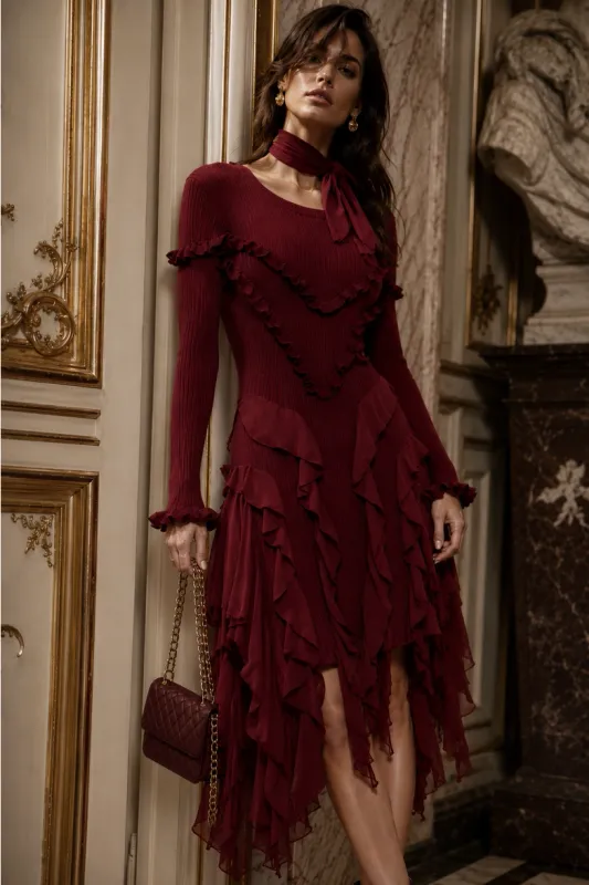 Adore By Wild Curves: Ruffle Trim Chiffon Mixed Dress In Wine Front
