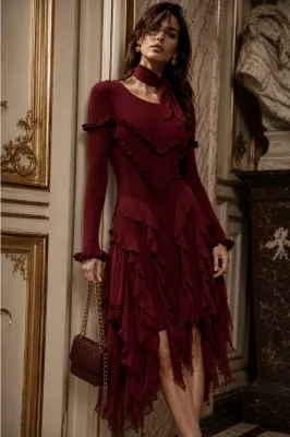 Adore By Wild Curves: Ruffle Trim Chiffon Mixed Dress In Wine Front