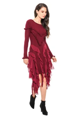 Adore By Wild Curves: Ruffle Trim Chiffon Mixed Dress In Wine Front 1