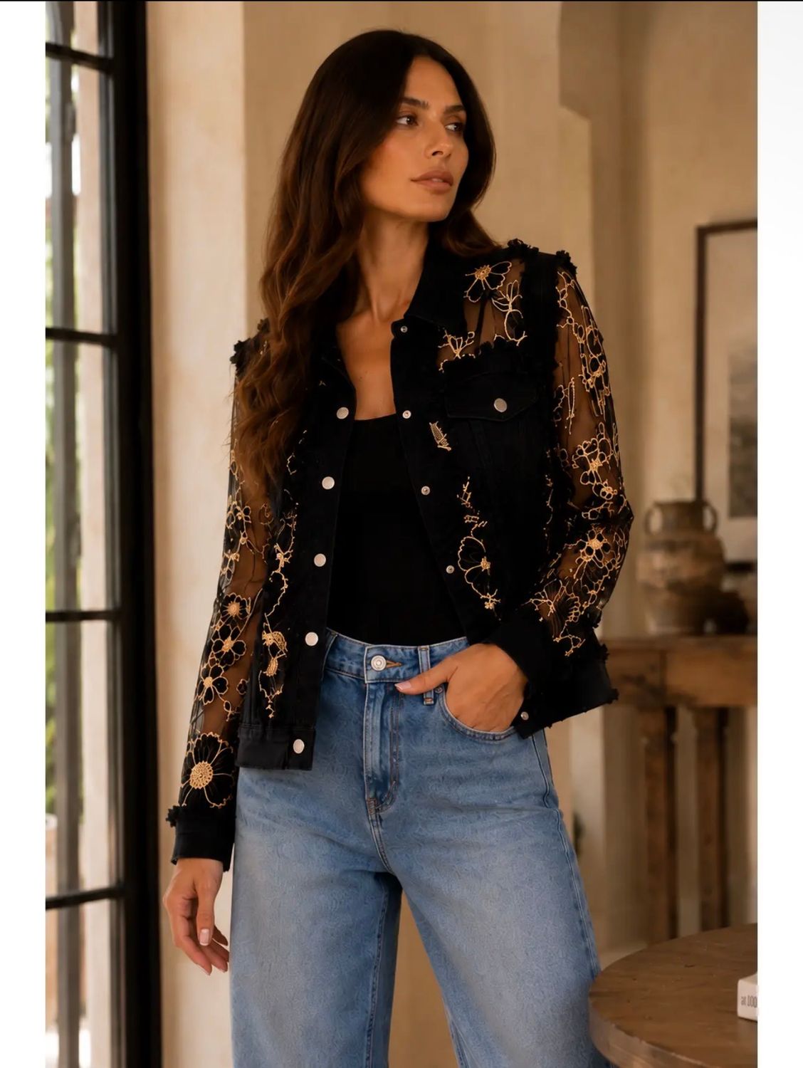 Adore By Wild Curves: Gold Floral Black Denim Lace Jacket