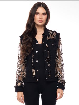 Adore By Wild Curves: Gold Floral Black Denim Lace Jacket