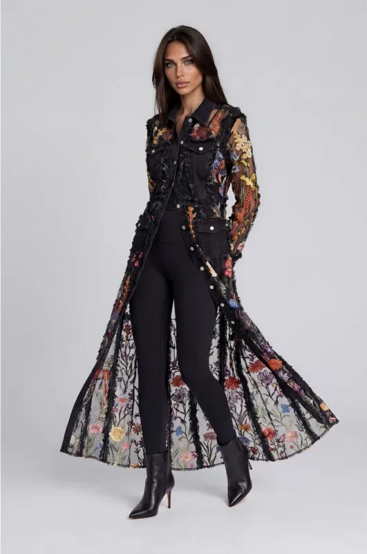 Adore By Wild Curves: 3D Floral Black Denim Lace Duster Front