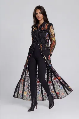 Adore By Wild Curves: 3D Floral Black Denim Lace Duster Front