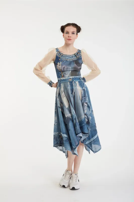 IPNG By Wild Curves: 3D Frayed Denim Illusion Square  Skirt Front