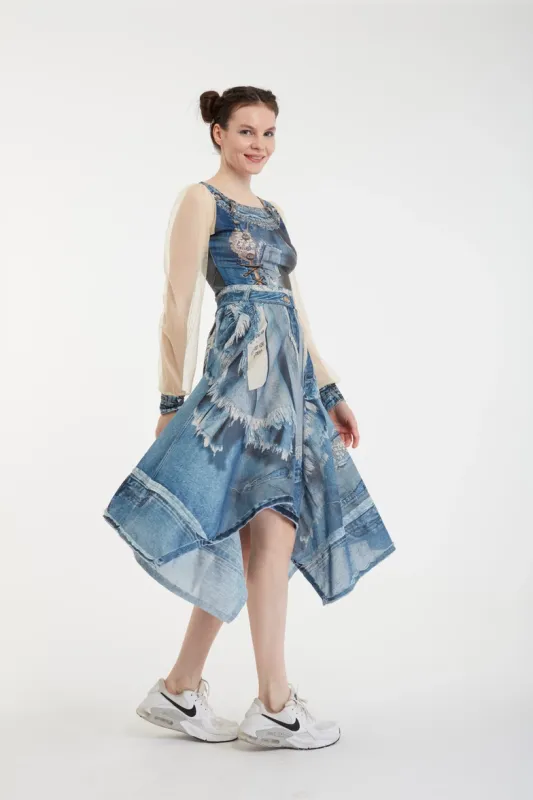 IPNG By Wild Curves: 3D Frayed Denim Illusion Square  Skirt Side
