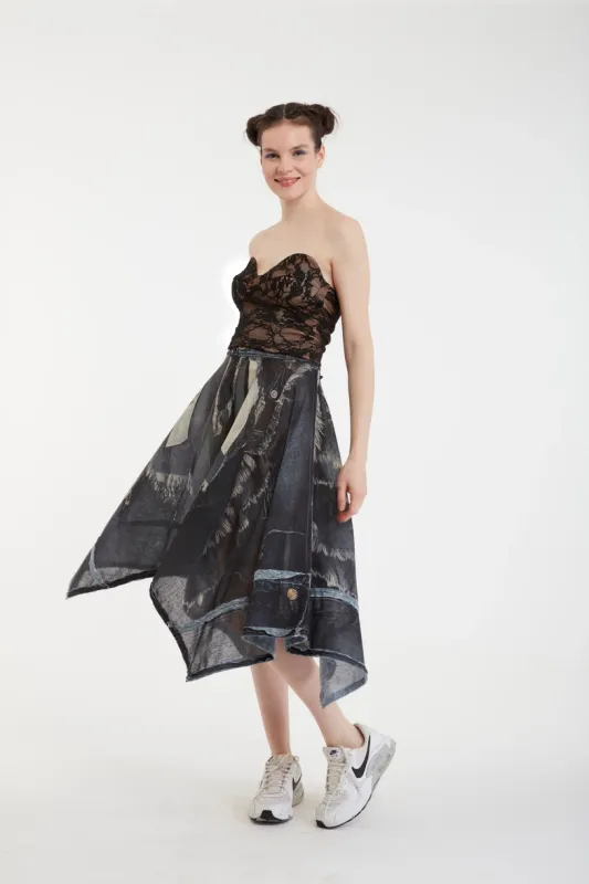 IPNG By Wild Curves: 3D Frayed Denim Illusion Square  Skirt in Black Side 1