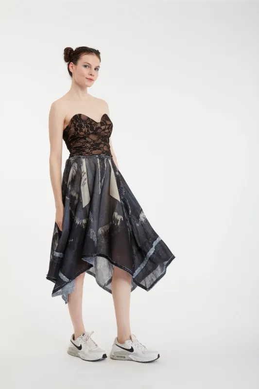 IPNG By Wild Curves: 3D Frayed Denim Illusion Square  Skirt in Black Side