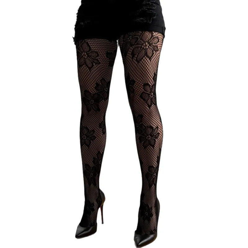Malka Chic By Wild Curves: Black Floral Lace Blossom Tights Front  
