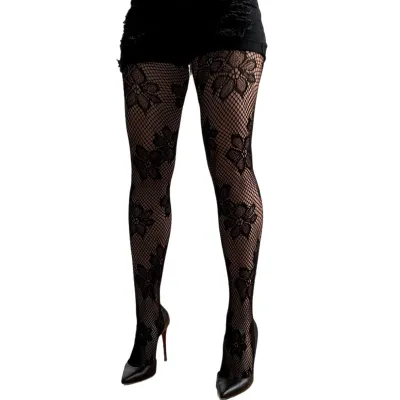 Malka Chic By Wild Curves: Black Floral Lace Blossom Tights Front  