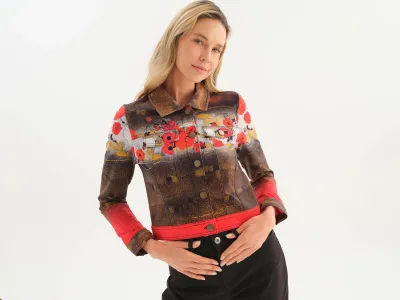 Dolcezza By Wild Curves: Bouquet of Red Clouds Art Soft Denim Jacket (76637) Front
