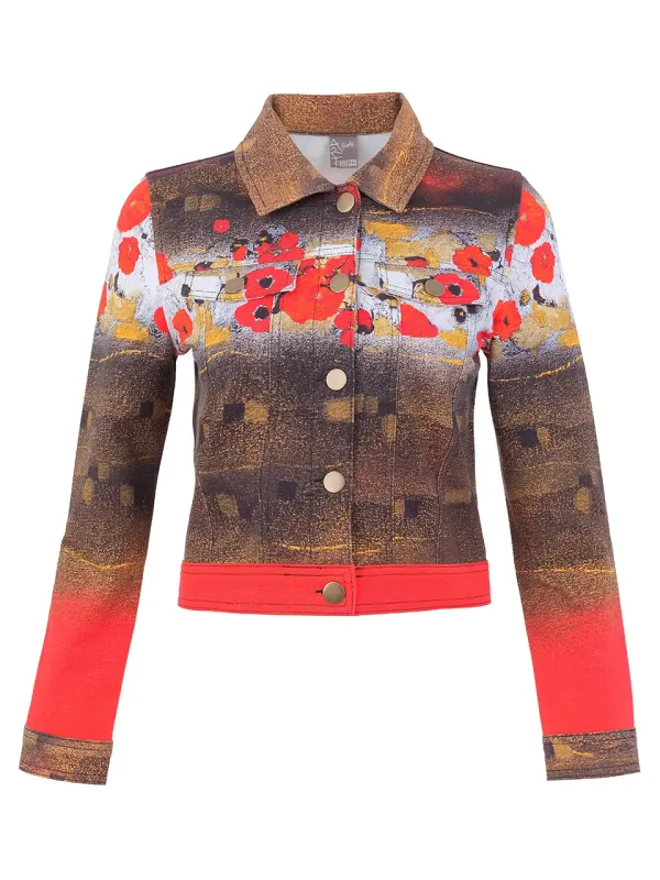 Dolcezza By Wild Curves: Bouquet of Red Clouds Art Soft Denim Jacket (76637) Front 1