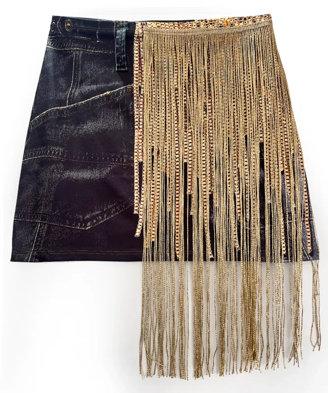 IPNG By Wild Curves: Black Denim Illusion Gold Fringe Mini Skirt Front