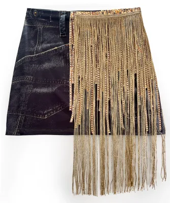 IPNG By Wild Curves: Black Denim Illusion Gold Fringe Mini Skirt Front