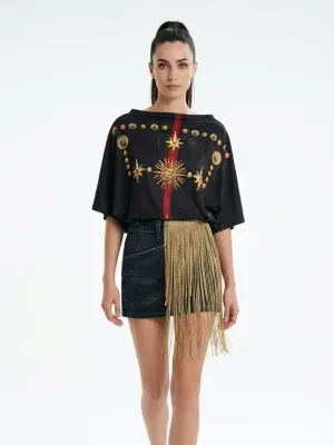 IPNG By Wild Curves: Black Denim Illusion Gold Fringe Mini Skirt Front 1