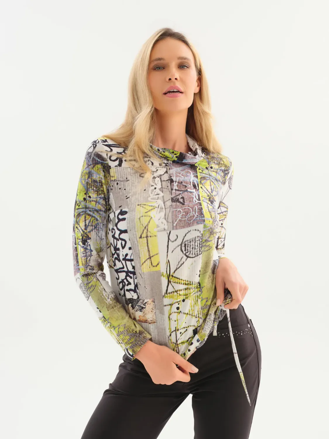 Dolcezza By Wild Curves: Fragments Of Color Art Drawstring Hem Top Front (76723)