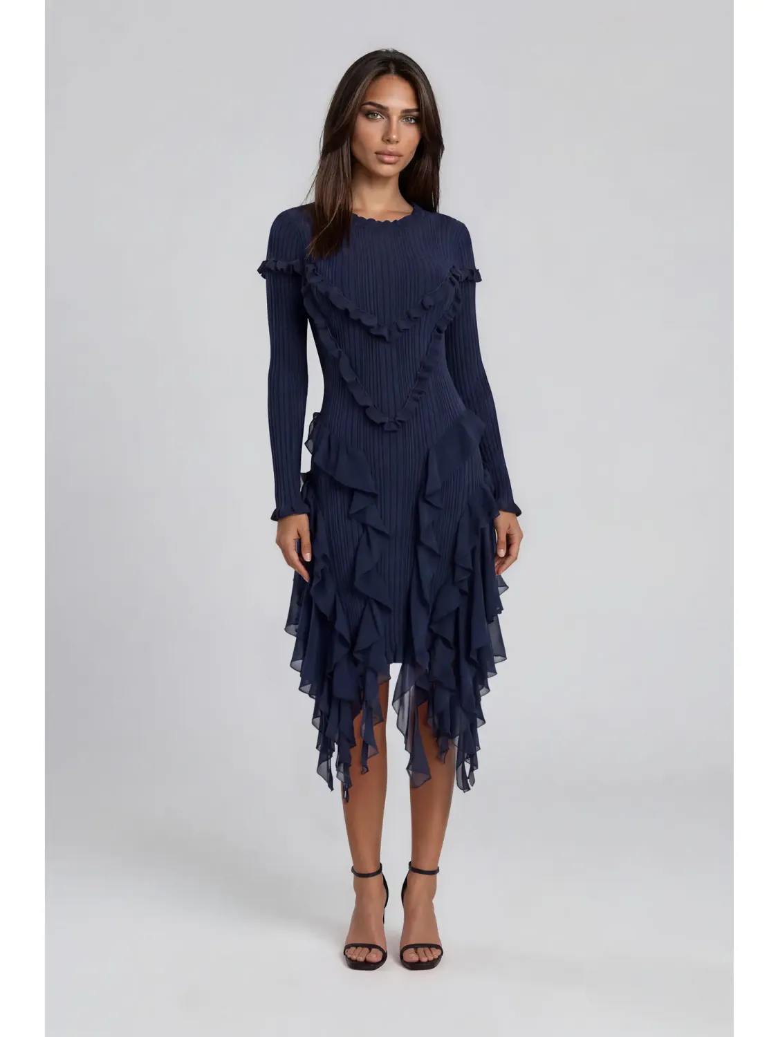 Adore By Wild Curves: Ruffle Trim Chiffon Mixed Dress In Wild Blueberry Front