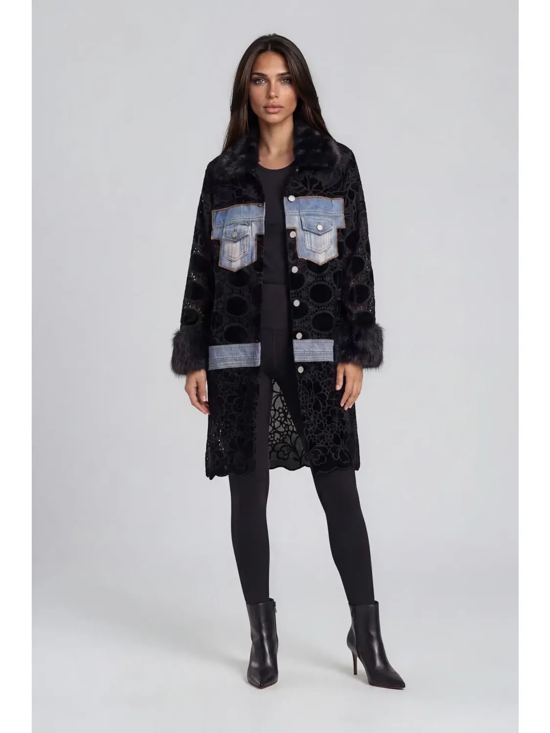 Adore By Wild Curves: Denim Lace Faux Fur Patchwork Coat Front